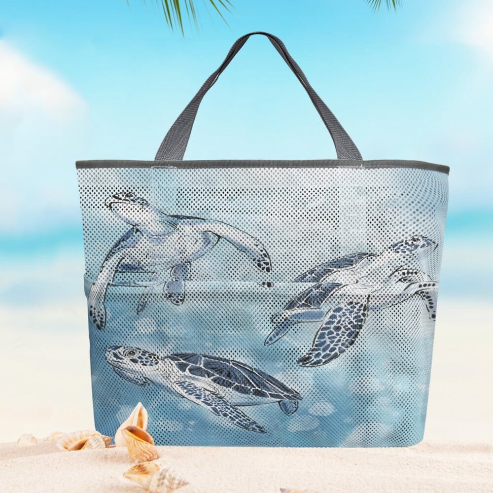 New Extra Large 3 Sea Turtle Scene 7 Pocket Mesh Sand-Proof Beach Bag